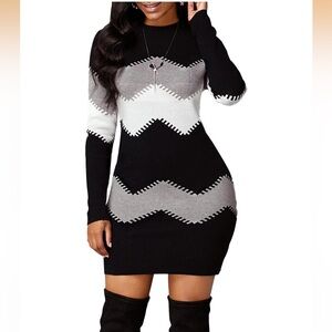 Knitted Striped Bodycon Mini Sweater Dress Long Sleeve Crew Neck Fall Winter